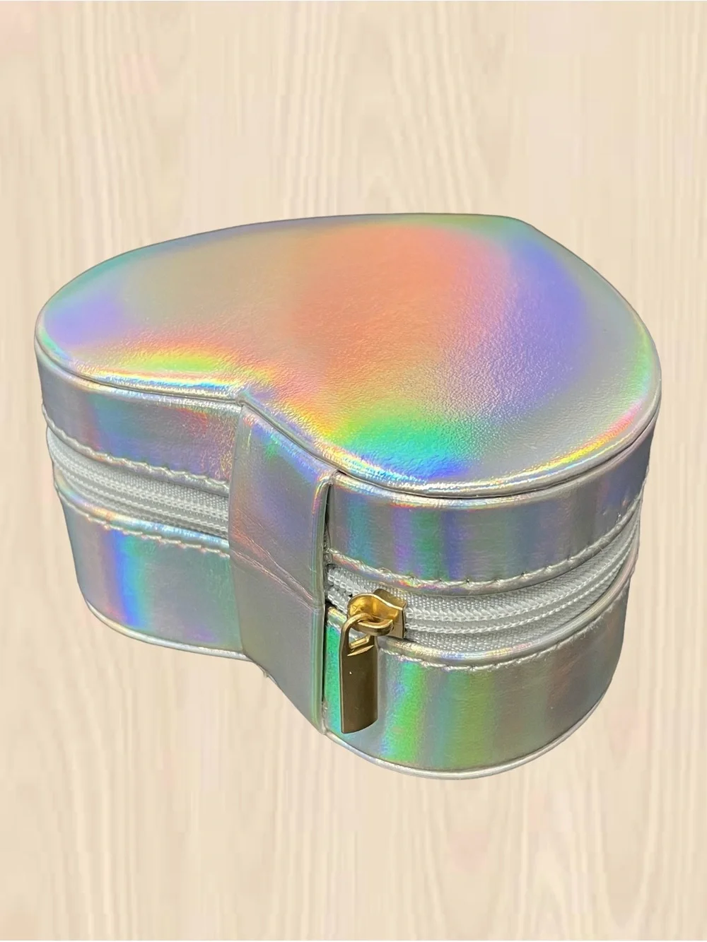 A New Day | Iridescent Heart-Shaped Jewelry Case with Gold Zipper